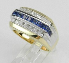 Princess Natural Sapphire & Diamond Engagement Men's Ring 14K Multi Tone Gold picture
