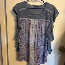 Ladies rxb XL Flutter Short Sleeve Blue Multi Colored Blouse picture