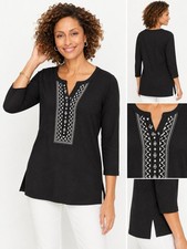 NWT Talbots EMBROIDERED SPLIT NECK TUNIC Black Medium picture