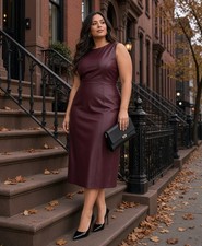 NWT INC International Concepts Faux Leather Mixed-Media Midi Dress Burgundy 14W picture