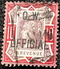 GB QV SG035 OW OFFICIAL 10D DULL PURPLE/CARMINE FINE USED 1 PULLED PERF CAT£2250 picture