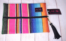 MJ Makeup Junkie Stripe Bags Cosmetic Medium Cotton Fabric Bag Black Tassel NEW picture