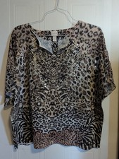 Chico's Women's Size 3 Animal Print Chiffon Shimmer Blouse Top Leopard Cheetah  picture