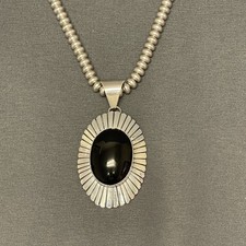 Suzie James, Navajo Sterling Silver and Onyx Pendant on Silver Beaded Necklace picture
