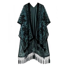 WeHello Womens Boho Burnout Velvet Kimono Long Cover Up Tassel Cardigan Shawl picture