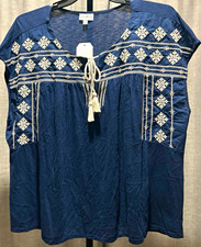 Wonderly Women’s Plus 3X Blue/White Embroidered V-Neck Tassel Tie Blouse picture