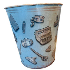 Vtg MCM Melat emboss business related Images waste Basket Trash Can 14