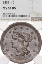 1852 1C NGC MS64 BN Braided Hair Large Cent Copper - Great Luster picture