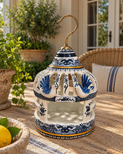 Vintage Chinese Blue White Porcelain Bird Feeder Brass Hook Chinoiserie 15” picture