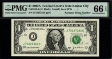 2003A $1 REPEATER Serial # PMG GEM UNC 66 EPQ Federal Reserve Note Kansas City picture