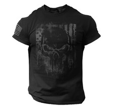 Men's Black Tactical Skull T-Shirt - Distressed American Flag Design, Patriotic picture