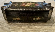 Antique Victorian Lacquered Wood Glove Box Hand-Painted Mother of Pearl Inlay picture