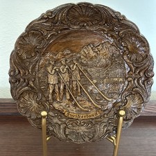 Real Wood Hand Carved Plate, Swiss alphorn players, Alps, Rare Authentic Vntg. picture