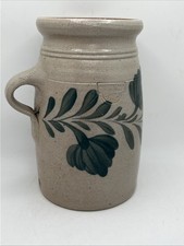 Rare Vintage Salmon Falls Stoneware Pottery Green Penn Handled Spoon Jar Jug 8” picture