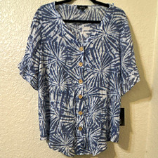 Alyx Women’s Blue White Abstract Button Front V-Neck Kimono Blouse Size L picture