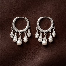 Sundance Artisan Silver Hammered Hoop Pearl Earrings Boho Fringe VTG Catalog picture