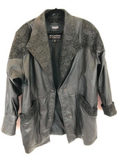 Vintage Wilsons Womens Leather Long Coat Petite Medium Black Paisley Suede Trim picture