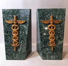 Vintage GATCO Green Marble & Solid Brass Caduceus Medical Bookends picture