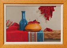 Original Southwestern Oil Painting on Canvas-Red & Blue-Chili Peppers-Handmade picture