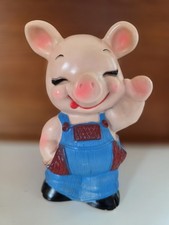 Vintage 1974 Russ Berrie Farmer Pig Piggy Bank Plastic Overalls Collectible 9