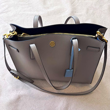 Tory Burch Gray Tote Zip Closure Detachable Crossbody Strap Gold Hardware Navy picture