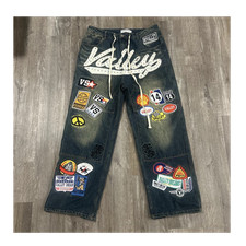 Vale Men's Dark Wash Blue Straight Leg Denim Jeans Embroidered Patch Logo 32 picture