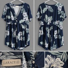Larace Navy Tropical Floral Babydoll Tunic Top Short Sleeve Button Front picture