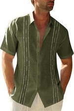 Mens Guayabera Shirt Linen Cotton Embroidered Short Sleeve Cuban Wedding Beach picture