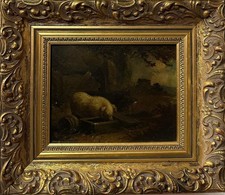 English School Early 19thC Oil Painting Pig at Feeding Trough Framed picture