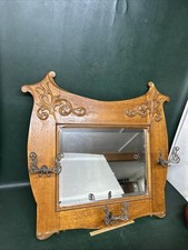 Antique Large Victorian Quarter Sawn/Tiger Oak Entryway Wall Mirror w/ Hat Hooks picture