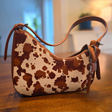 Steve Madden Brown & White Cow Animal Print Zip Shoulder Bag Detachable Strap picture