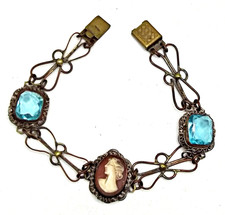 VINTAGE Signed GM Guiseppe Mandile Shell Cameo Filigree Blue Glass Bracelet picture