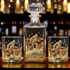 2D Printed Bigfoot Whiskey Decanter Glass Set Personalized Gift for Dad Grandpa picture