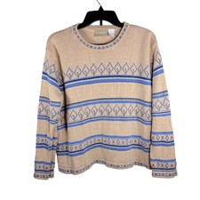 Vintage Liz Claiborne 100% Cotton Fair Isle Cable Knit Sweater Tan Blue Cottage picture