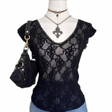 Women's Black Sheer Floral Lace V-Neck Cap Sleeve Pullover Blouse picture