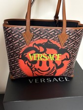 Versace La Greca Medusa Smiley Tote Bag Brown/Black Red Authentic + Box Dust Bag picture