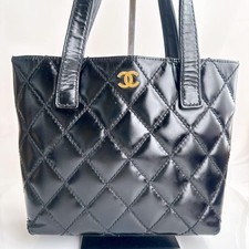CHANEL Wild Stitch Black Glazed Leather CC Tote Handbag Gold Hardware Used Japan picture