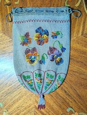 Antique 1920s Micro Beaded Pansy Reticule Purse Drawstring Tassel Flapper Bag picture