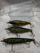 Lot Of 3x Green Stripe Dot Bob Snider Topwater Fishing Lure Handmade Wood New picture