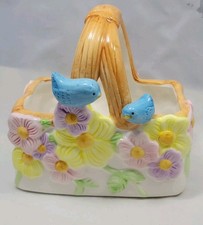 Vintage Teleflora Ceramic Spring Planter Basket w/Pastel Flowers Bluebirds EUC picture