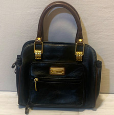 Capezio Black Brown Satchel Purse Vtg 1990s Zip Gold Hardware 6 Pockets  picture