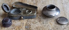 Two Antique Travel Inkwells ~ Violin Case Shaped & Circular Inkwell W/ Clasp picture