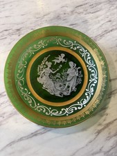 Vtg Green Satin Glass Cabinet Plate Classical Grecian Scene Gold Gilt 8” picture