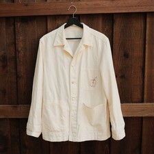 Drake's London Beige ivory Cotton Linen chore Jacket Embroidered Pockets 40  picture
