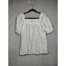 LOFT White Black Clip Dot Puff Sleeve Square Neck Cotton Blouse Top 3121 picture