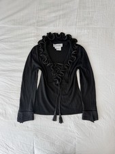 Vintage 90s Carlisle Cashmere Silk Black Longsleeve Ruffle Neckline Top (Size M) picture