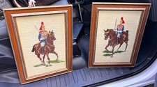 Vintage Handmade Framed Needlepoint Set of 2 Soldier on Horseback Designs picture