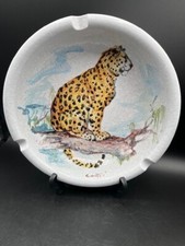 Vtg Hand Painted Studio Art Pottery Cheetah Tiger Cat Ashtray Bowl MCM Signed picture