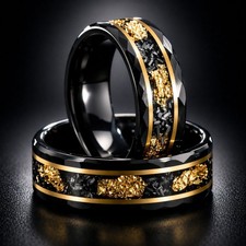 Black Hammered Tungsten Ring – Meteorite & Gold Leaf – 8mm Men’s Wedding Band picture