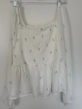 Torrid Women's 1X 14/16 Floral Peasant Top White Blue Smocked Long Sleeve picture